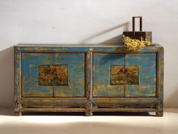 Aparador de entrada antiguo de madera de tonos azules y amarillos (c.1920)