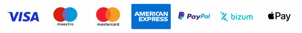 Métodos de pago aceptados: Visa, Maestro, Mastercard, American Express, PayPal, Bizum y Apple Pay