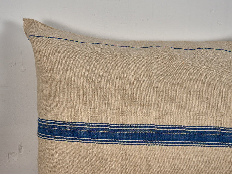 Cojín de lino antiguo de rayas azules