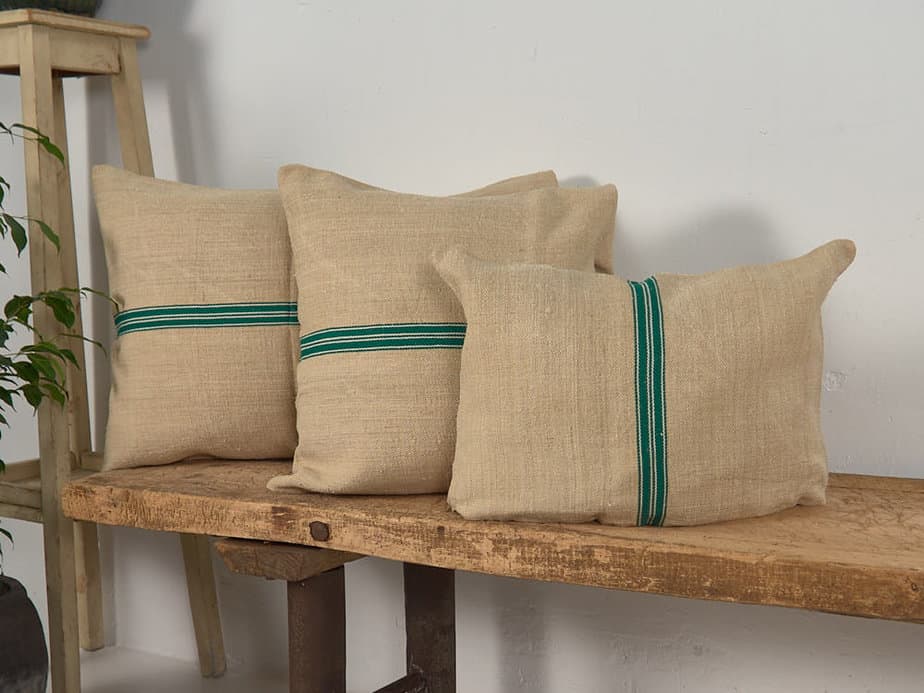 Cojín de lino antiguo de rayas verdes