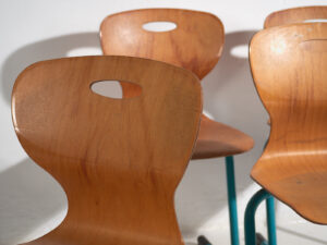 Vintage turquoise blue school chairs (c.1950). Set of 4 chairs