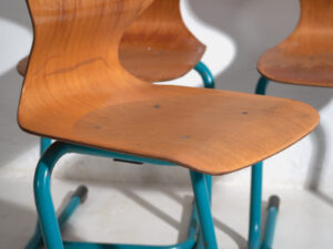 Vintage turquoise blue school chairs (c.1950). Set of 4 chairs