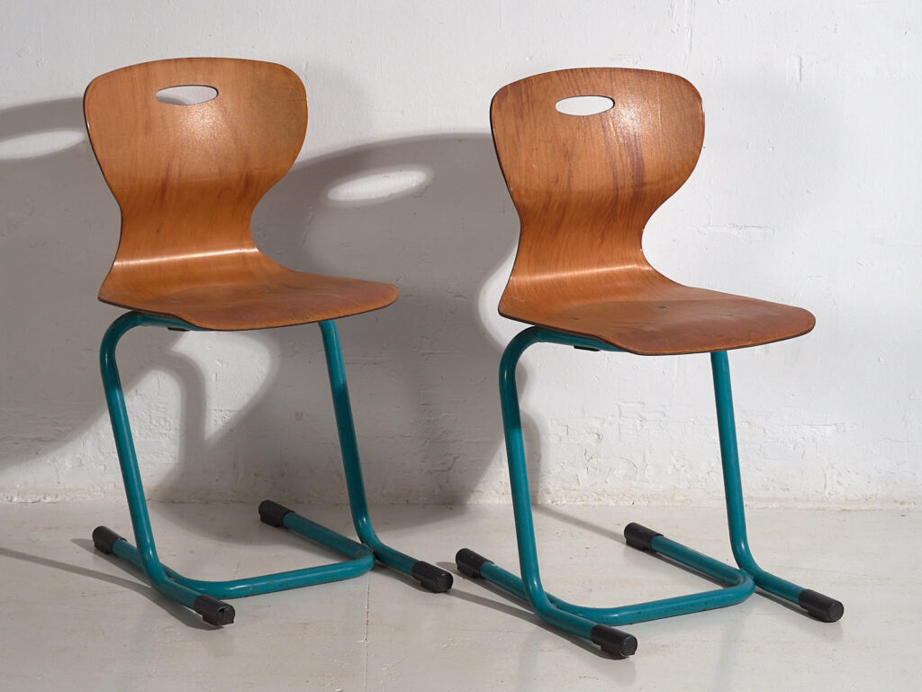 Vintage turquoise blue school chairs (c.1950). Set of 4 chairs