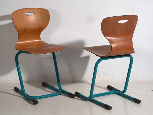 Sillas vintage escolares en color azul turquesa (c.1950). Set de 4 sillas