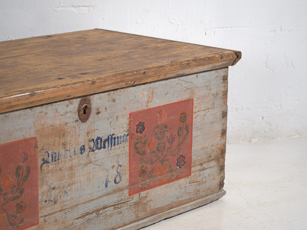 Antique gray trunk with floral details dated 1878 #26