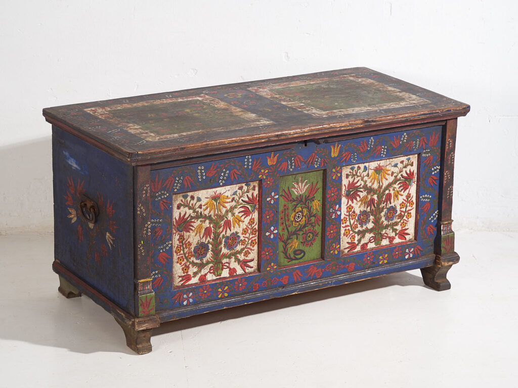 Antique blue trunk with hand painted floral details (c.1870) #2