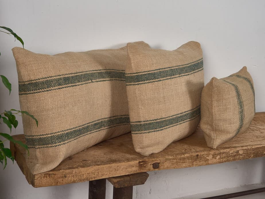 Cojín de lino antiguo de rayas color verde