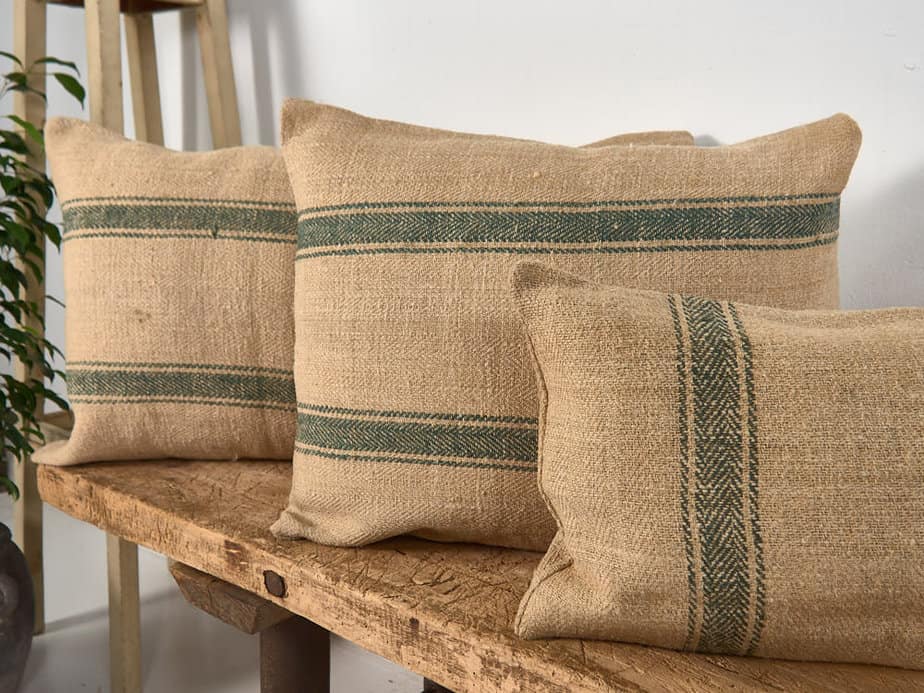 Cojín de lino antiguo de rayas color verde