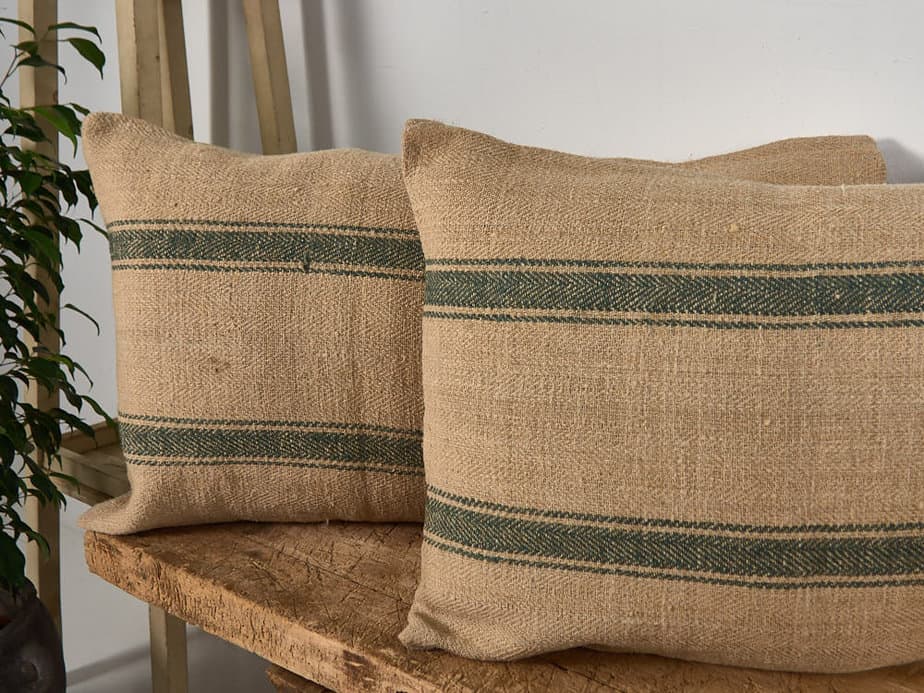 Cojín de lino antiguo de rayas color verde