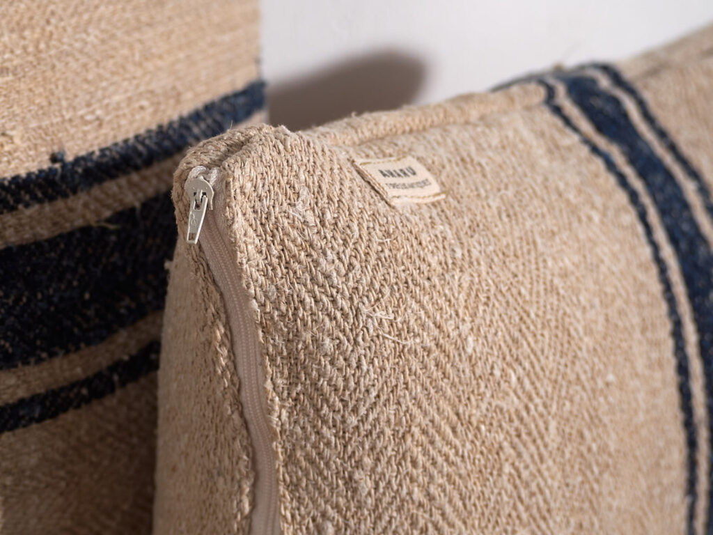 Antique linen cushion with dark blue stripes #4