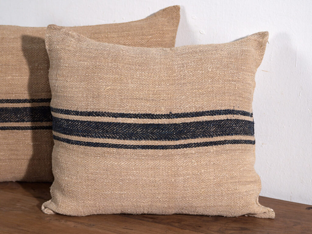 Antique linen cushion with dark blue stripes #4