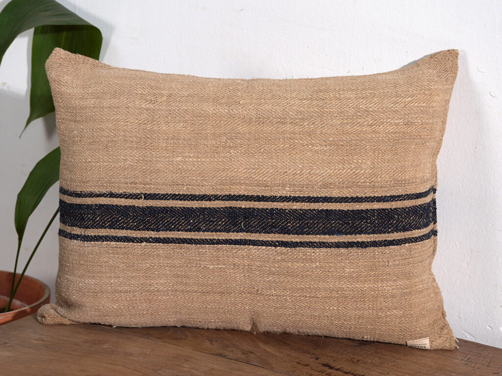 Antique linen cushion with dark blue stripes #4