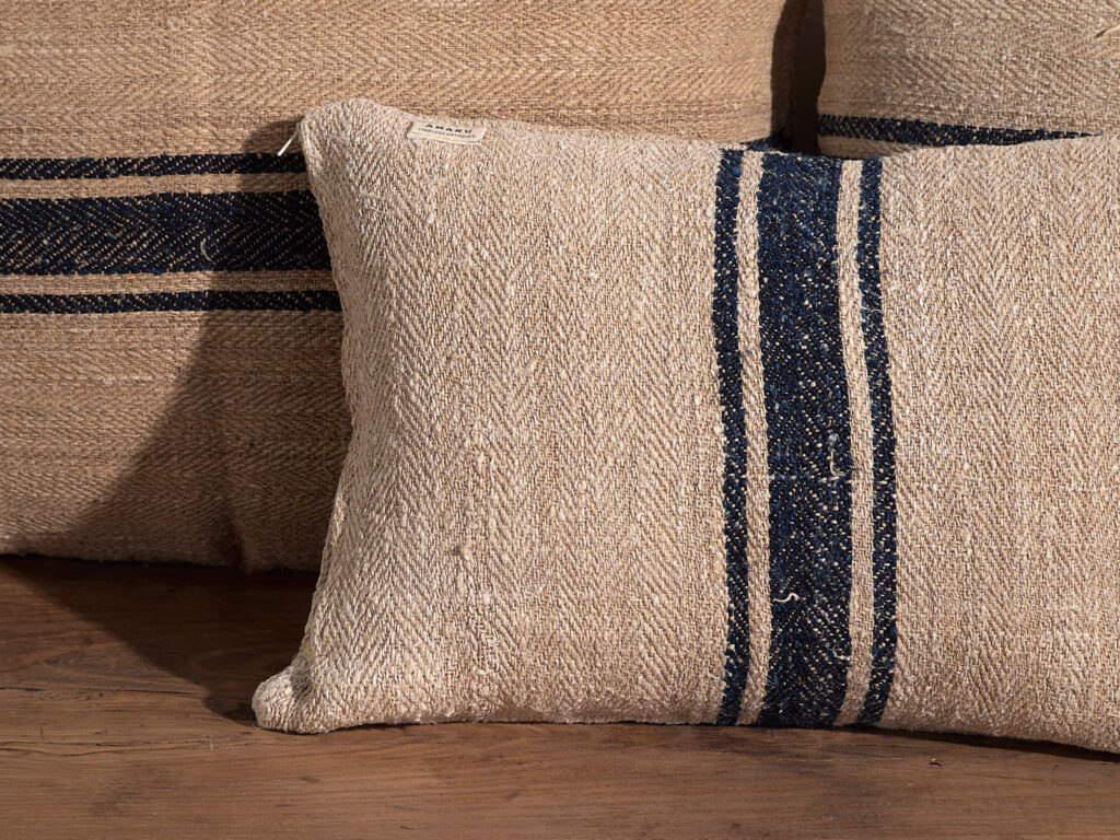 Antique linen cushion with dark blue stripes #4