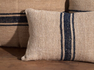 Antique linen cushion with dark blue stripes #4