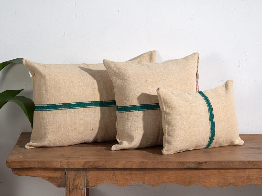 Antique linen cushions with green stripes #1