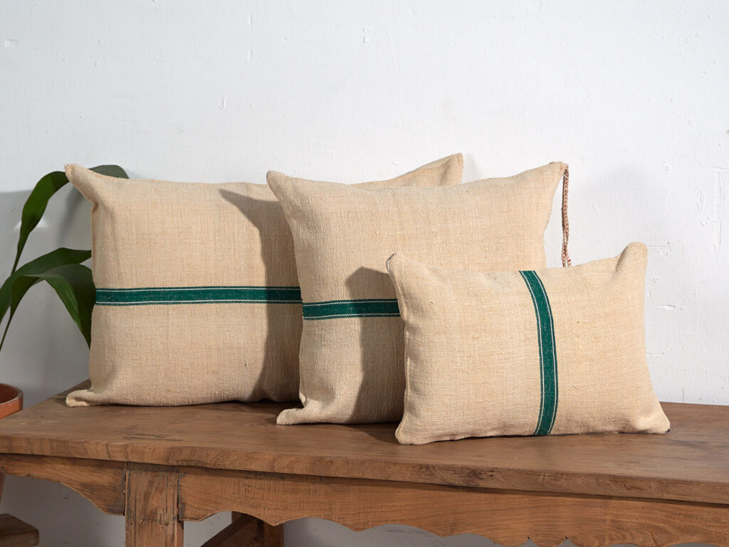 Antique linen cushions with green stripes #1