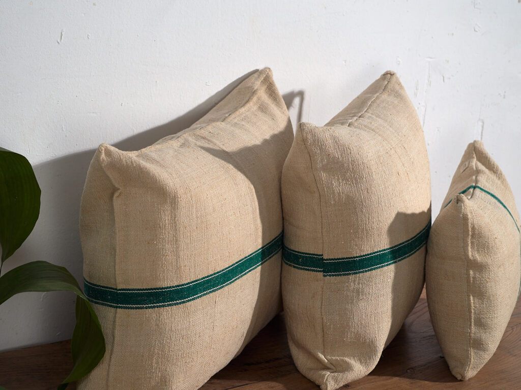 Antique linen cushions with green stripes #1