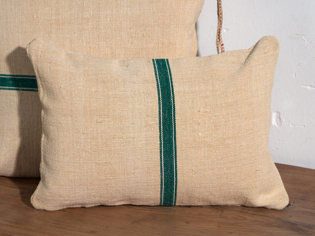 Antique linen cushions with green stripes #1