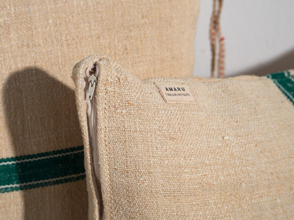 Antique linen cushions with green stripes #1