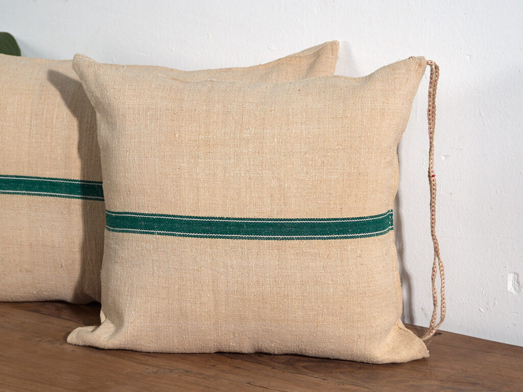 Antique linen cushions with green stripes #1