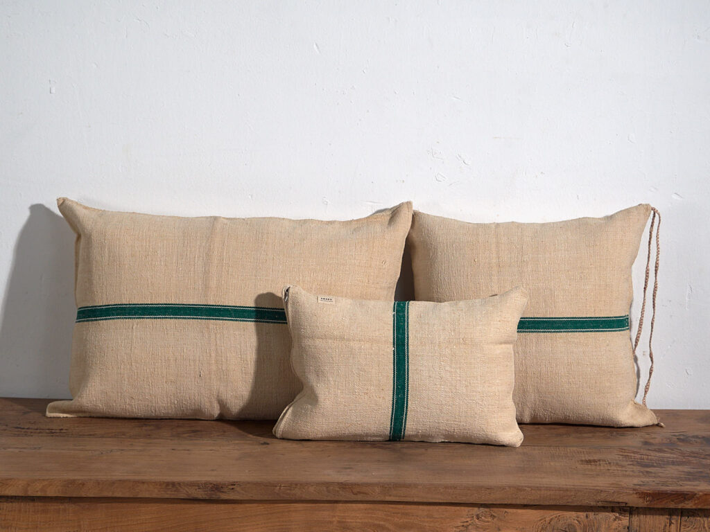 Antique linen cushions with green stripes #1