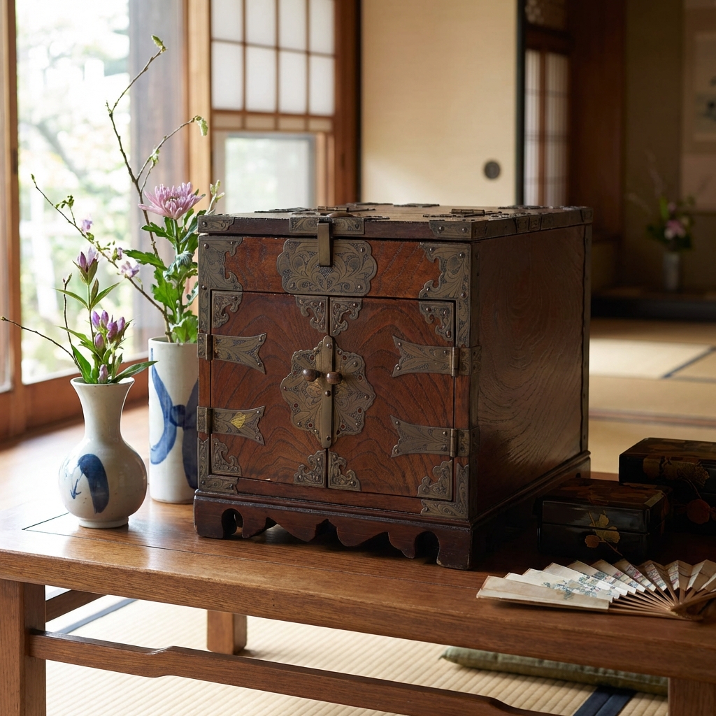 Antique mirror vanity box in zelkova wood – Korea, circa 1900