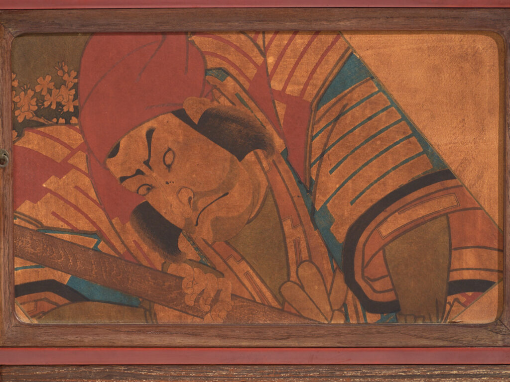 Pequeño mueble japonés con puertas correderas decoradas Kabuki - Periodo Showa temprano, circa 1926–1970