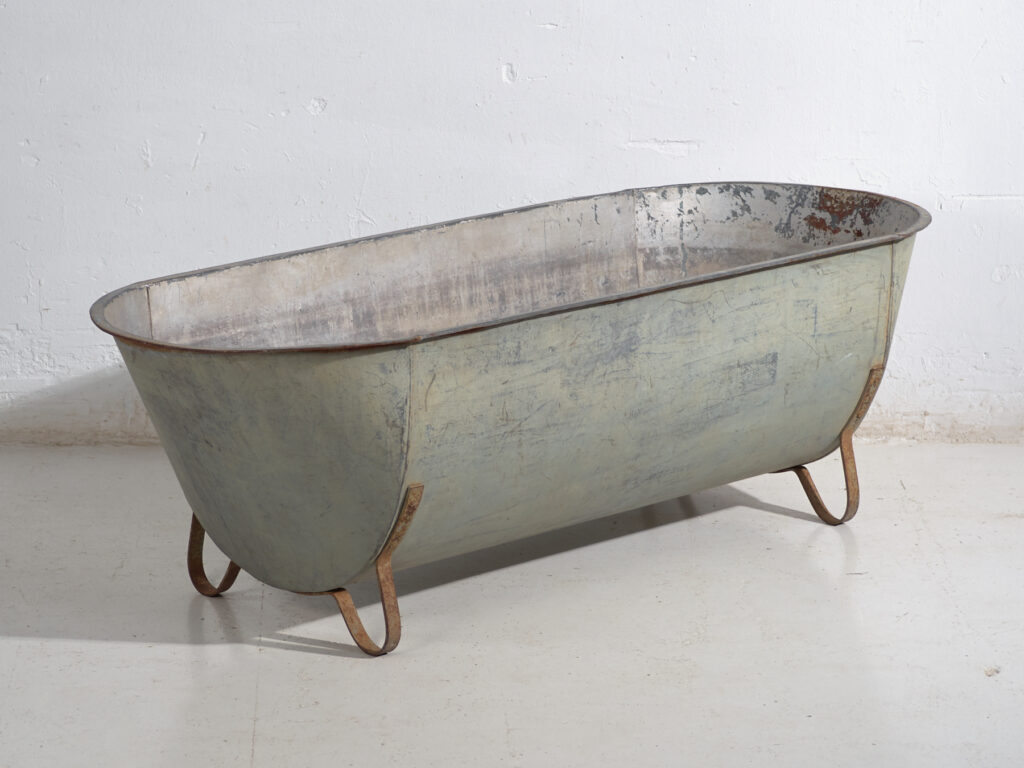 Bañera antigua de zinc galvanizado – Tina industrial europea – circa 1900 #3
