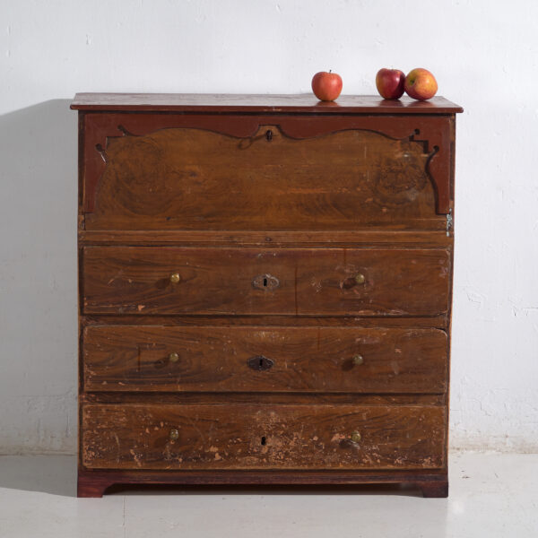 Cómoda secreter antigua de pino – Bureau rústico europeo con tapa abatible – circa 1900