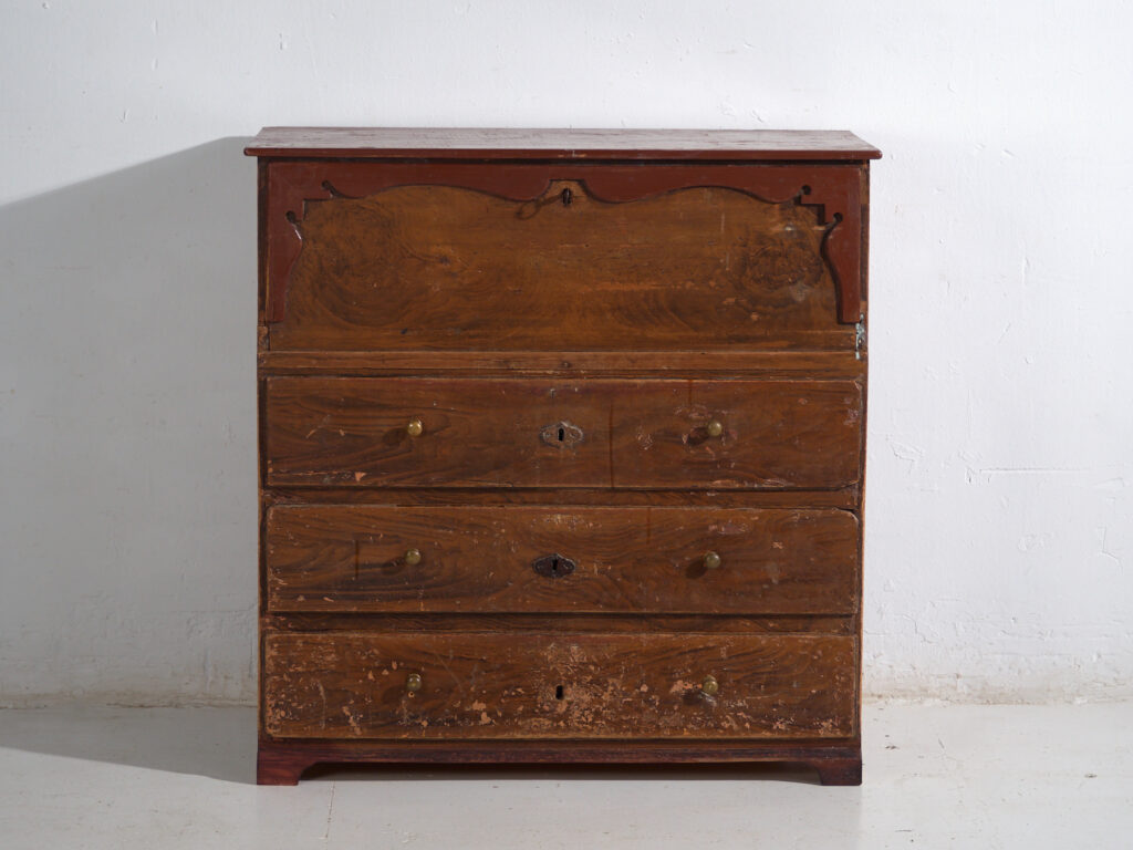 Cómoda secreter antigua de pino – Bureau rústico europeo con tapa abatible – circa 1900