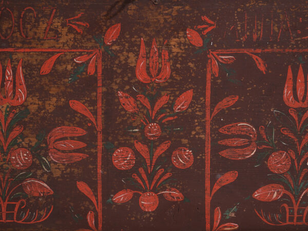Antique dowry chest in pine with painted tulips – Central Europe, 1891