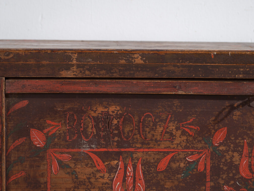 Antique dowry chest in pine with painted tulips – Central Europe, 1891