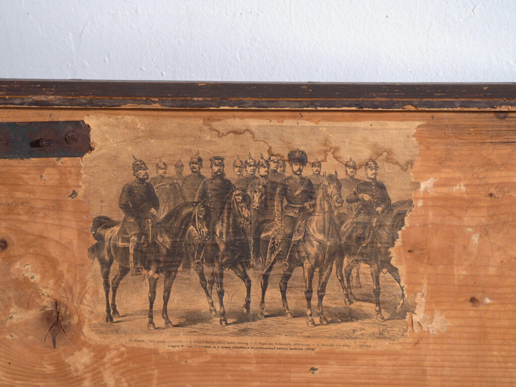 Antique dowry chest in pine with painted tulips – Central Europe, 1891