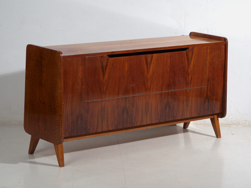 Mid-Century walnut-veneered sideboard with tapered legs – Czechoslovakia, circa 1960