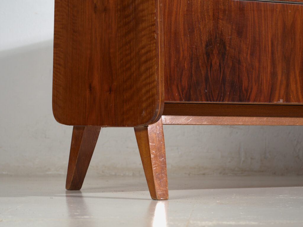 Mid-Century walnut-veneered sideboard with tapered legs – Czechoslovakia, circa 1960