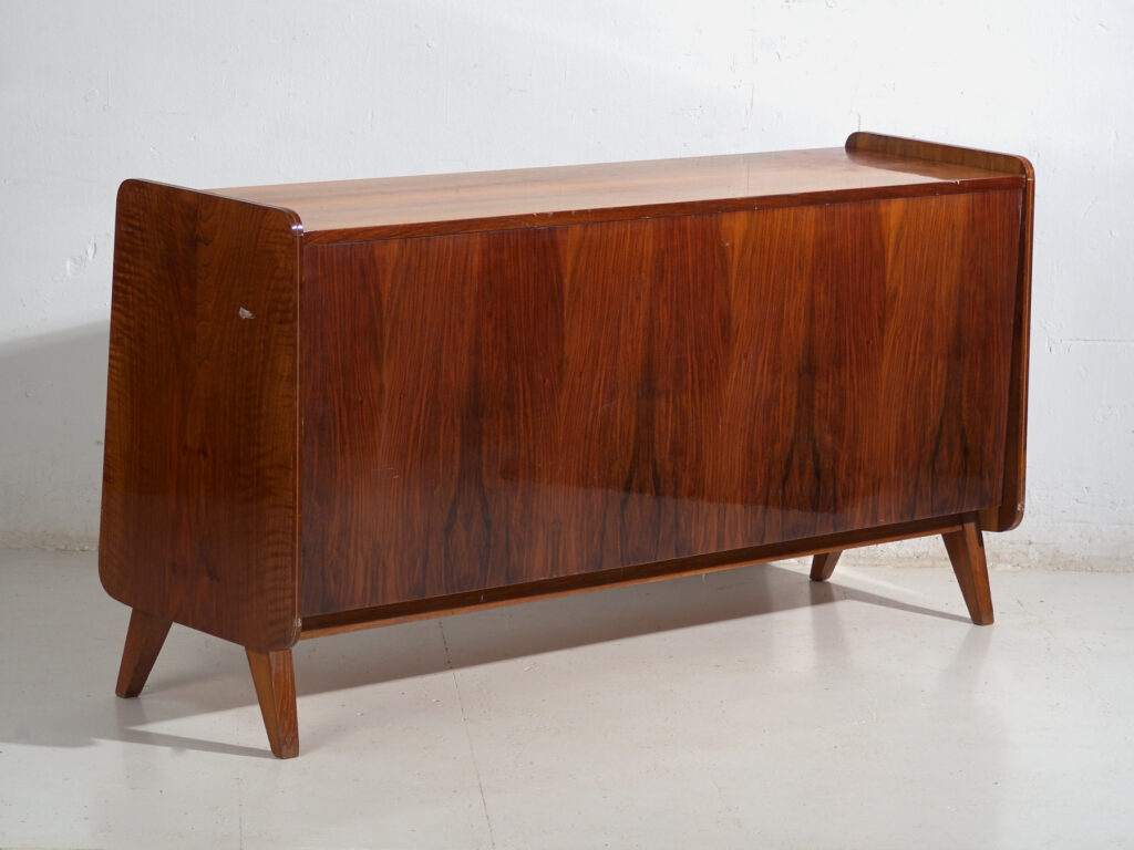 Mid-Century walnut-veneered sideboard with tapered legs – Czechoslovakia, circa 1960