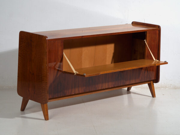 Mid-Century walnut-veneered sideboard with tapered legs – Czechoslovakia, circa 1960