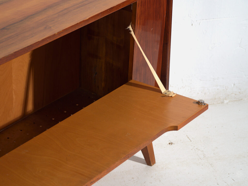 Mid-Century walnut-veneered sideboard with tapered legs – Czechoslovakia, circa 1960