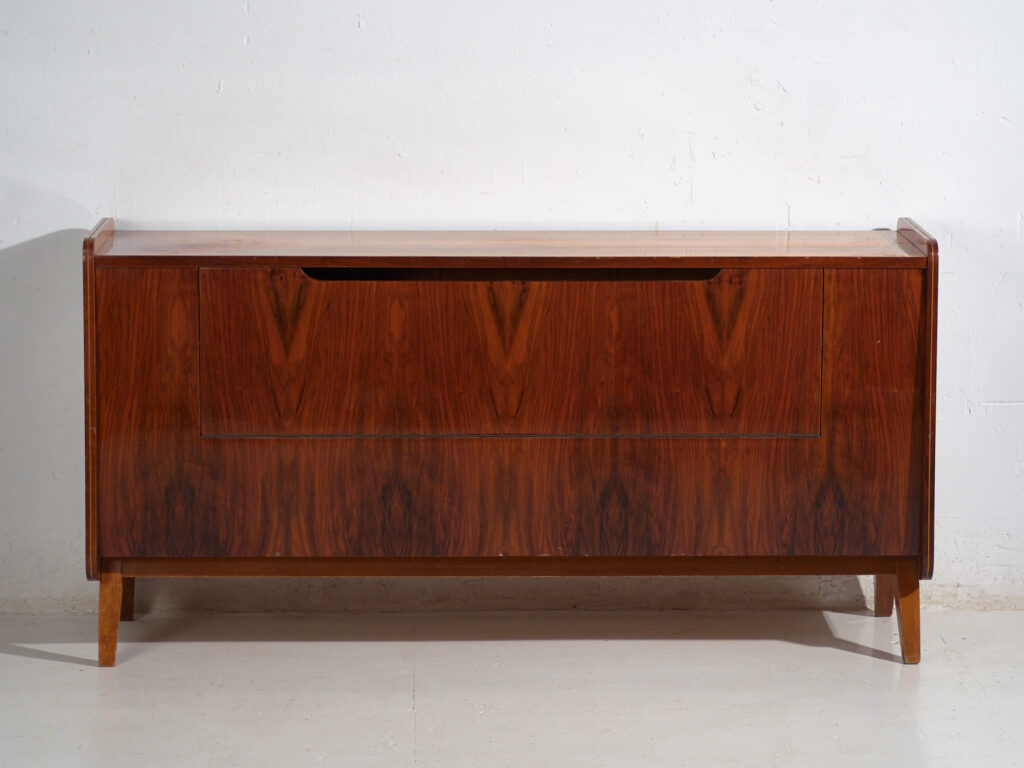 Mid-Century walnut-veneered sideboard with tapered legs – Czechoslovakia, circa 1960