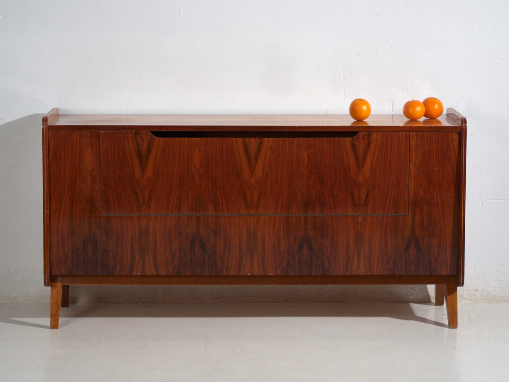 Mid-Century walnut-veneered sideboard with tapered legs – Czechoslovakia, circa 1960