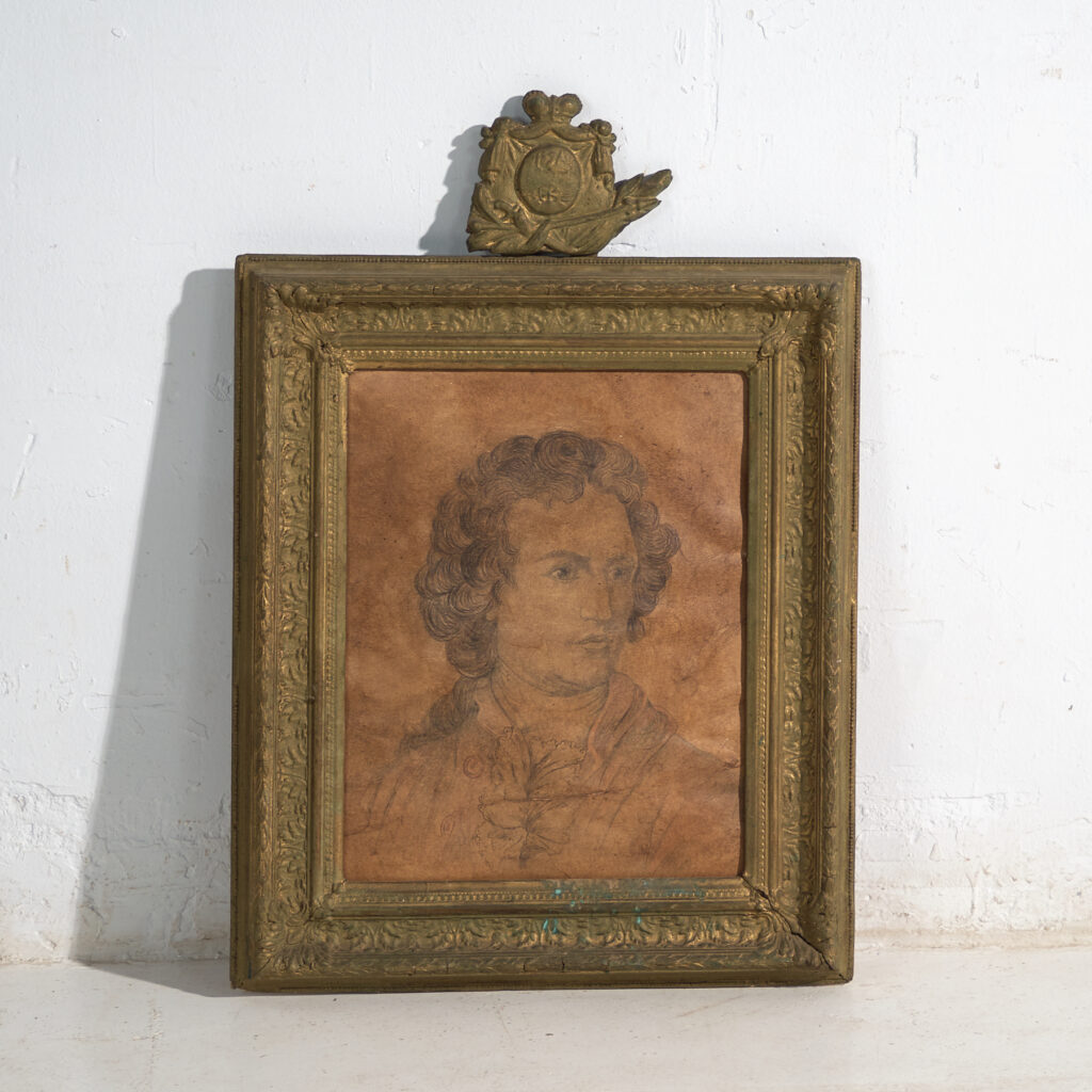 Retrato antiguo a lápiz en marco dorado – Europa central, circa 1840
