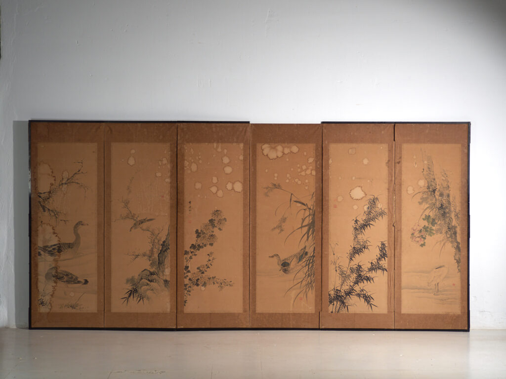 Biombo japonés antiguo de seis hojas – Japón, circa 1900