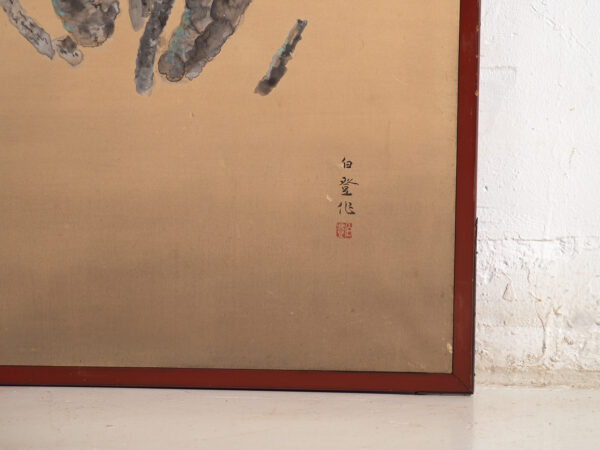 Biombo japonés antiguo de dos hojas sobre fondo dorado – Japón, circa 1920