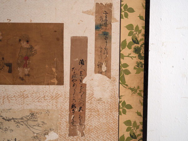 Biombo japonés antiguo de dos hojas con collage de pinturas – Japón, circa 1900