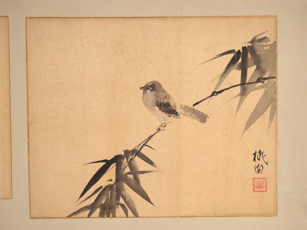 Biombo japonés antiguo de dos hojas con pinturas montadas – Japón, circa 1900