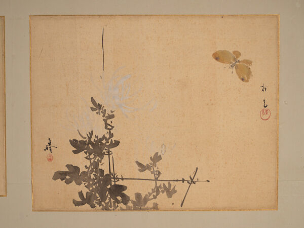 Biombo japonés antiguo de dos hojas con pinturas montadas – Japón, circa 1900