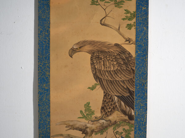 Kakejiku antiguo de ave rapaz en color sobre papel – Japón, circa 1900