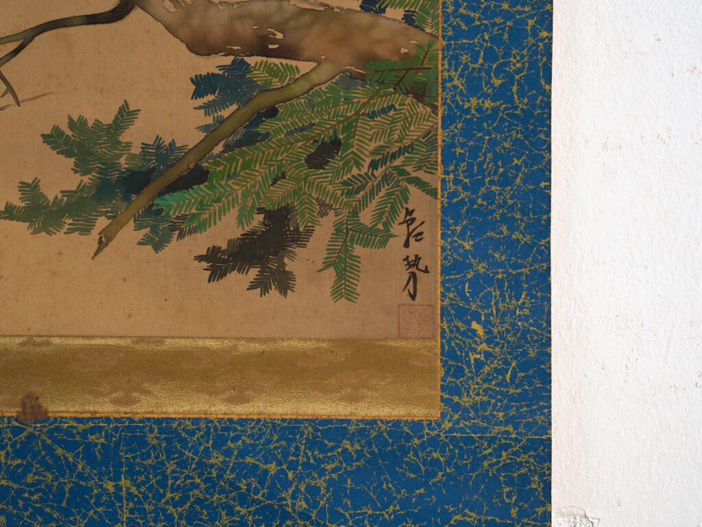 Kakejiku antiguo de ave rapaz en color sobre papel – Japón, circa 1900