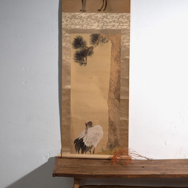 Kakejiku antiguo de grulla en color sobre papel – Japón, circa 1900