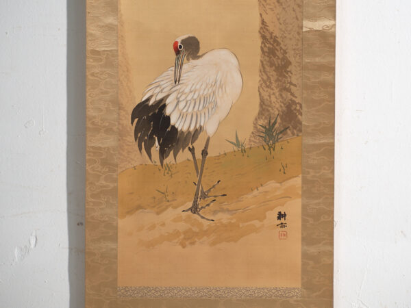 Kakejiku antiguo de grulla en color sobre papel – Japón, circa 1900